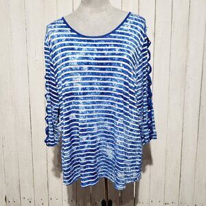Ethyl XXL Top Blue Tie Dye Cut Out Sleeve Coastal Casual Beach Preppy Resort Mod